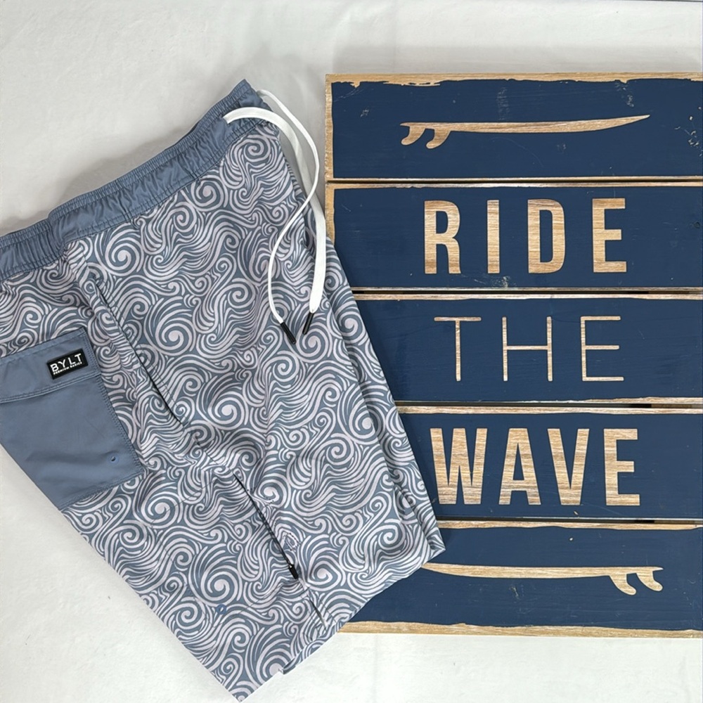 Swim Trunks Board Shorts Waves Pattern BYLT 20” Blue Gray Coastal Men’s‎ Size XL
